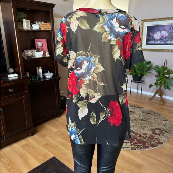 Sky Black Floral Print Sheer Short Sleeve Blouse-size L - Picture 9 of 9